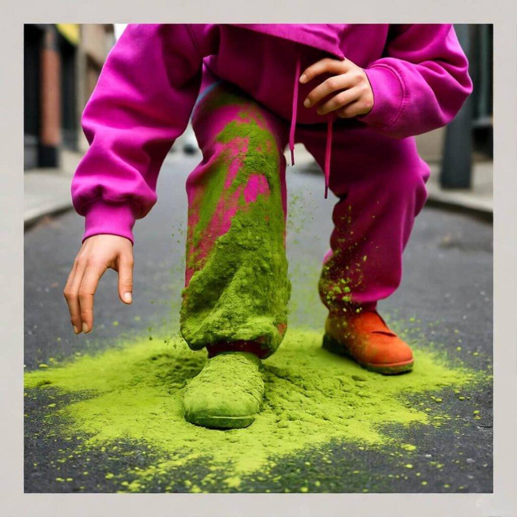Person fumbling on Brooklyn street, matcha spilling on K-fashion pants, pink hoodie.