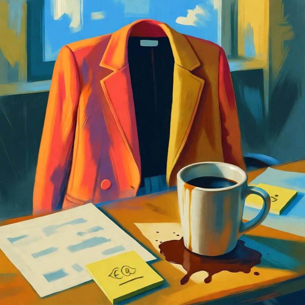 Messy desk with bright blazer, spilled coffee mug, sticky notes with doodles.