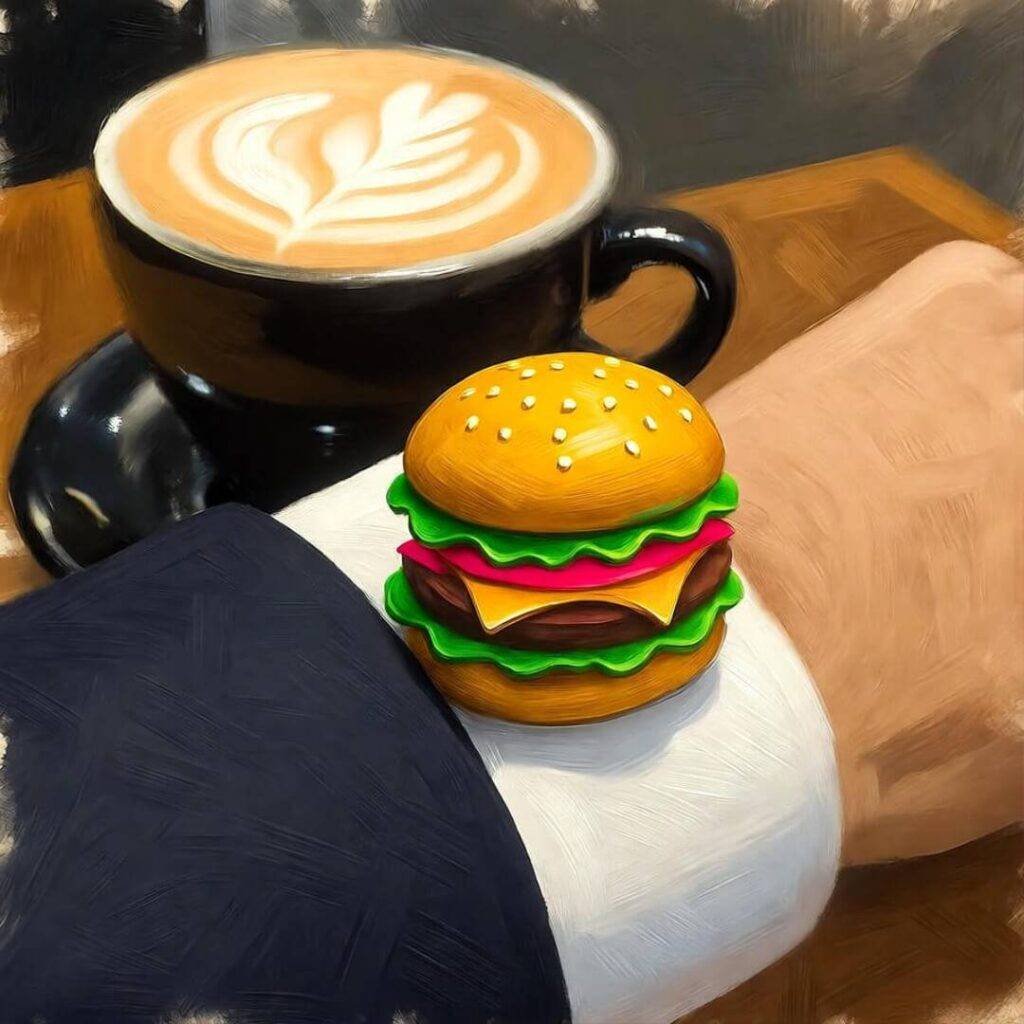 Wrist in blazer with burger cufflink, blurry latte, mustard yellows, pink vibes.