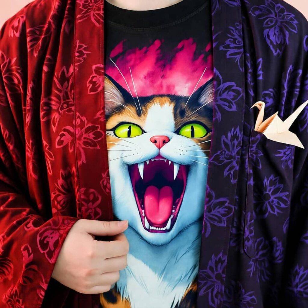 Close-up of thrifted kimono over screaming cat tee, origami crane, vibrant reds and purples.