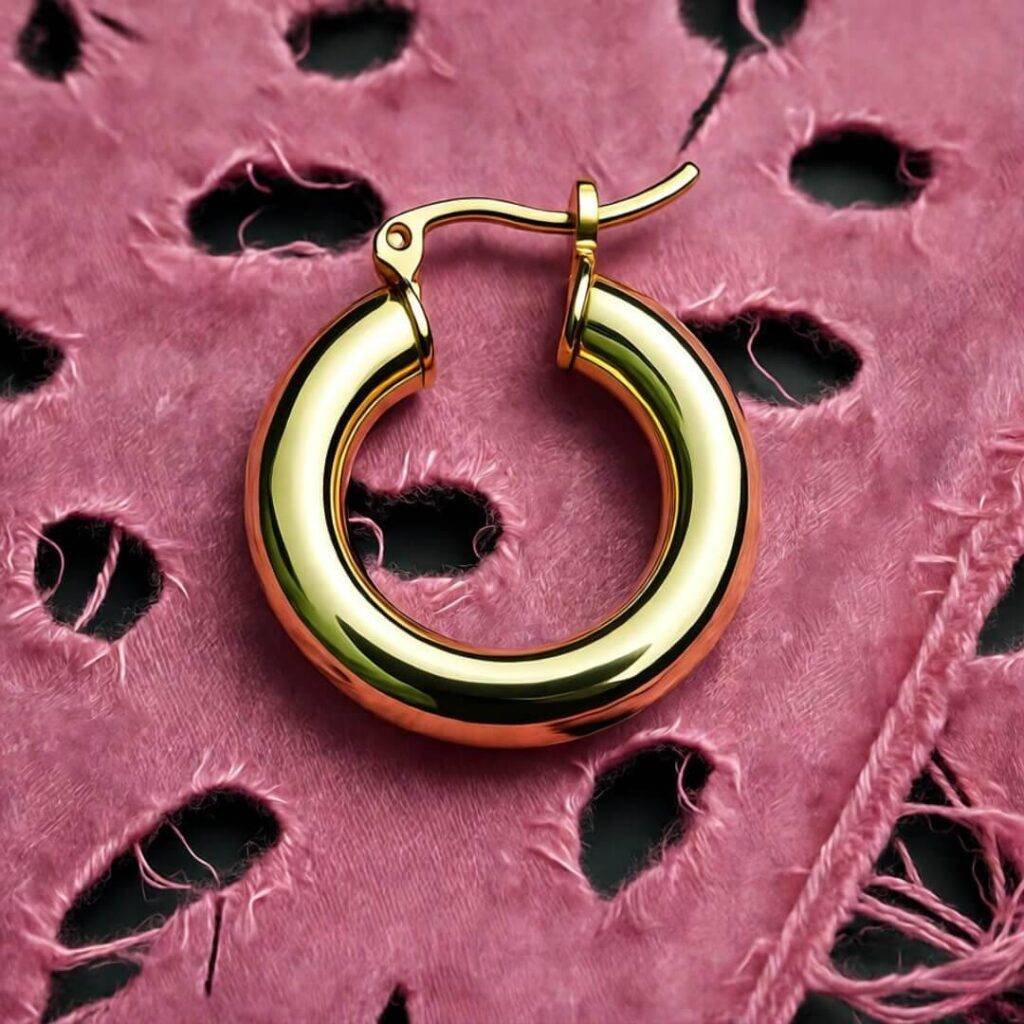 Chunky gold hoop on ratty pink scarf, shot from odd angle, vibrant vibe.