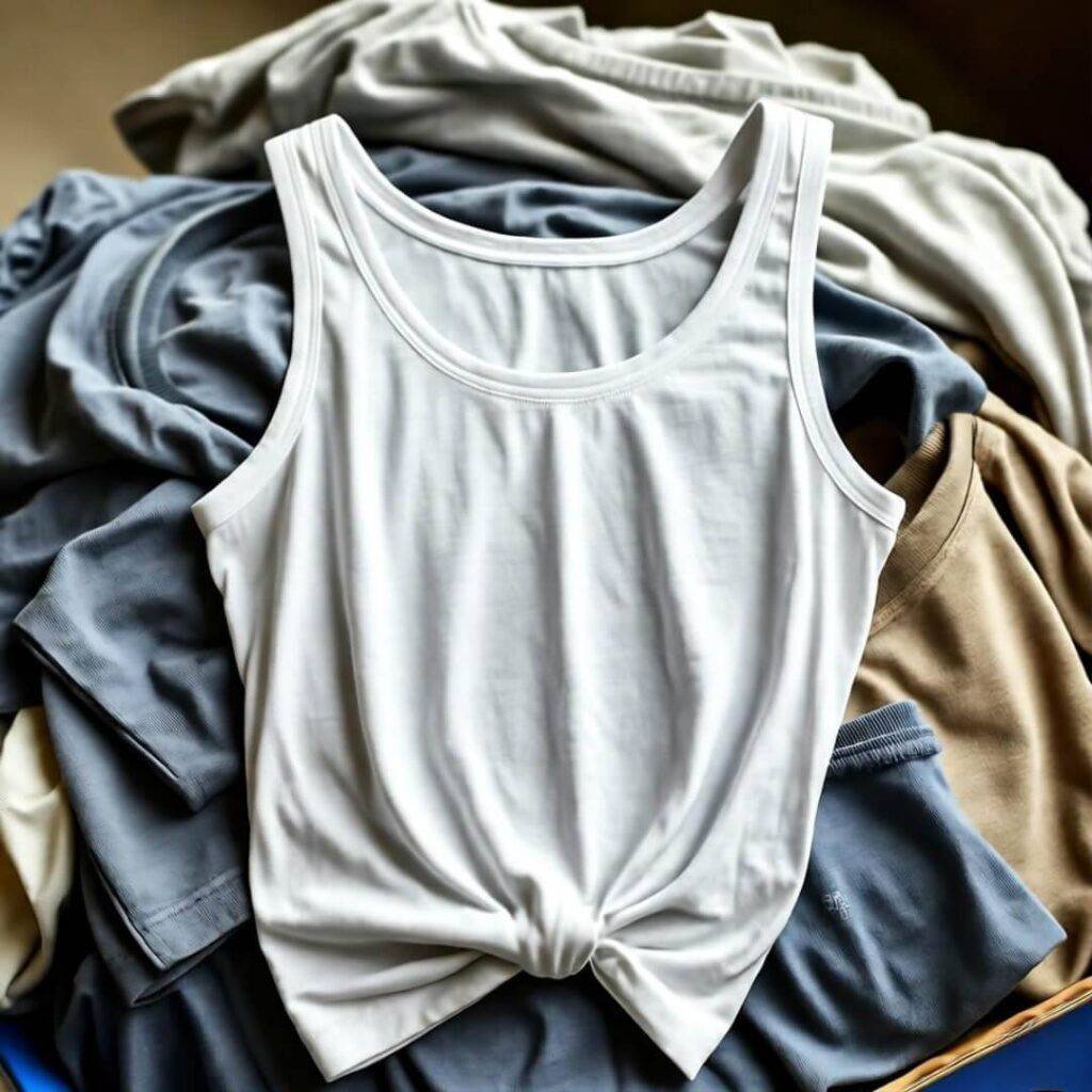 Rumpled Zara tees spill from bin, sustainable tank top rises like phoenix in chaos.