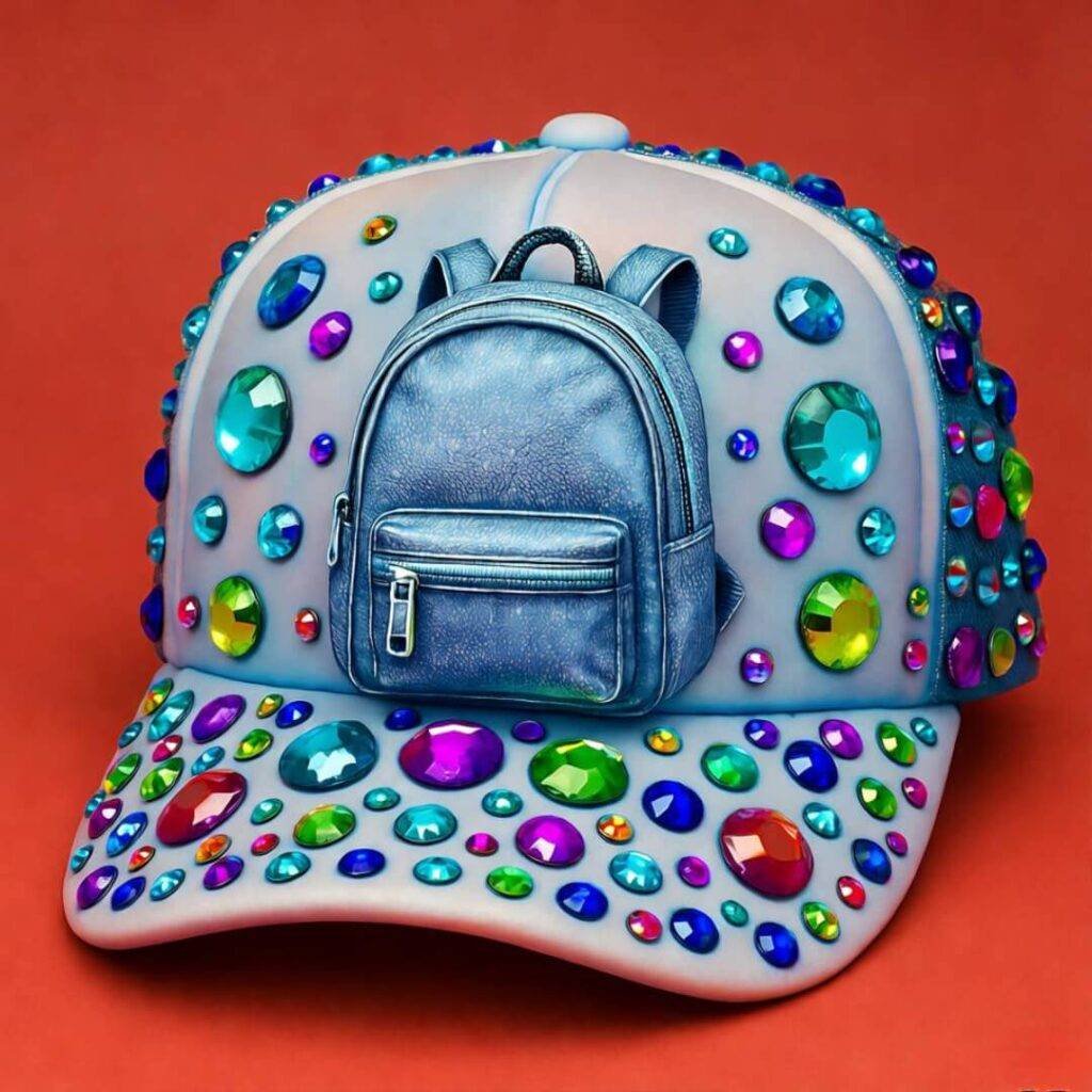 Bedazzled trucker hat with frosted gloss, tiny backpack, vibrant pop-art style.