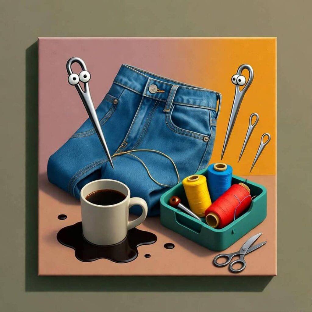 Messy desk with half-sewn jeans, spilled coffee, janky sewing kit, floating cartoon needles.