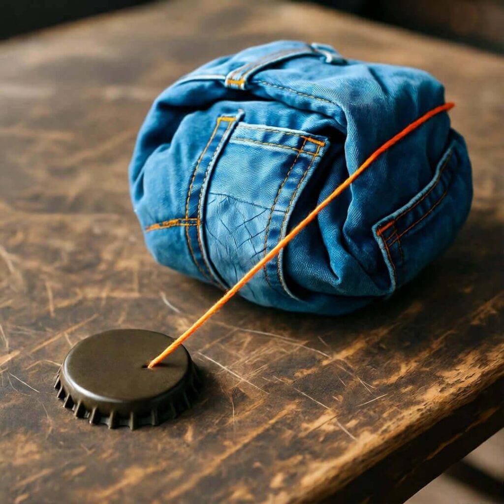 Patchwork jeans balled on scuffed table, neon thread snagged on beer cap.