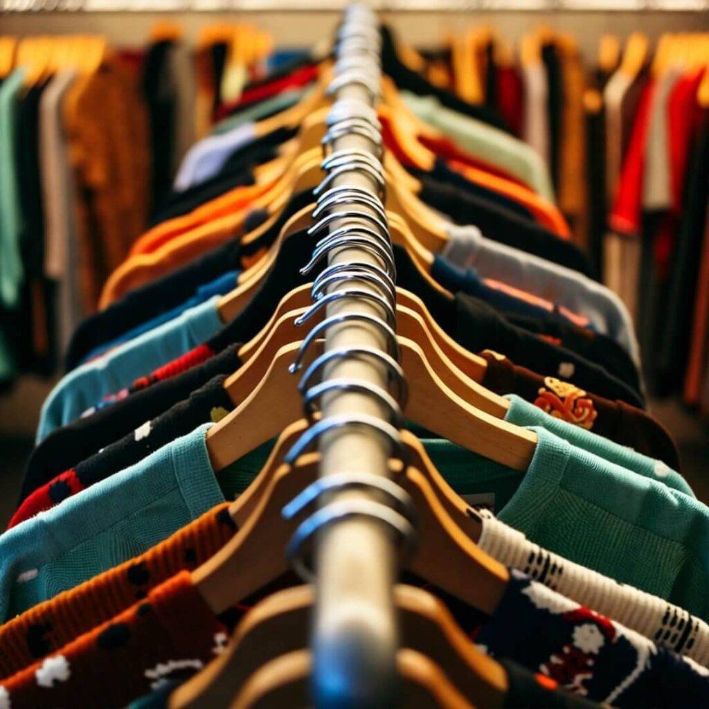 Shaky low-angle shot of crammed thrift rack, neon yellow sock, rusty reds, teal.