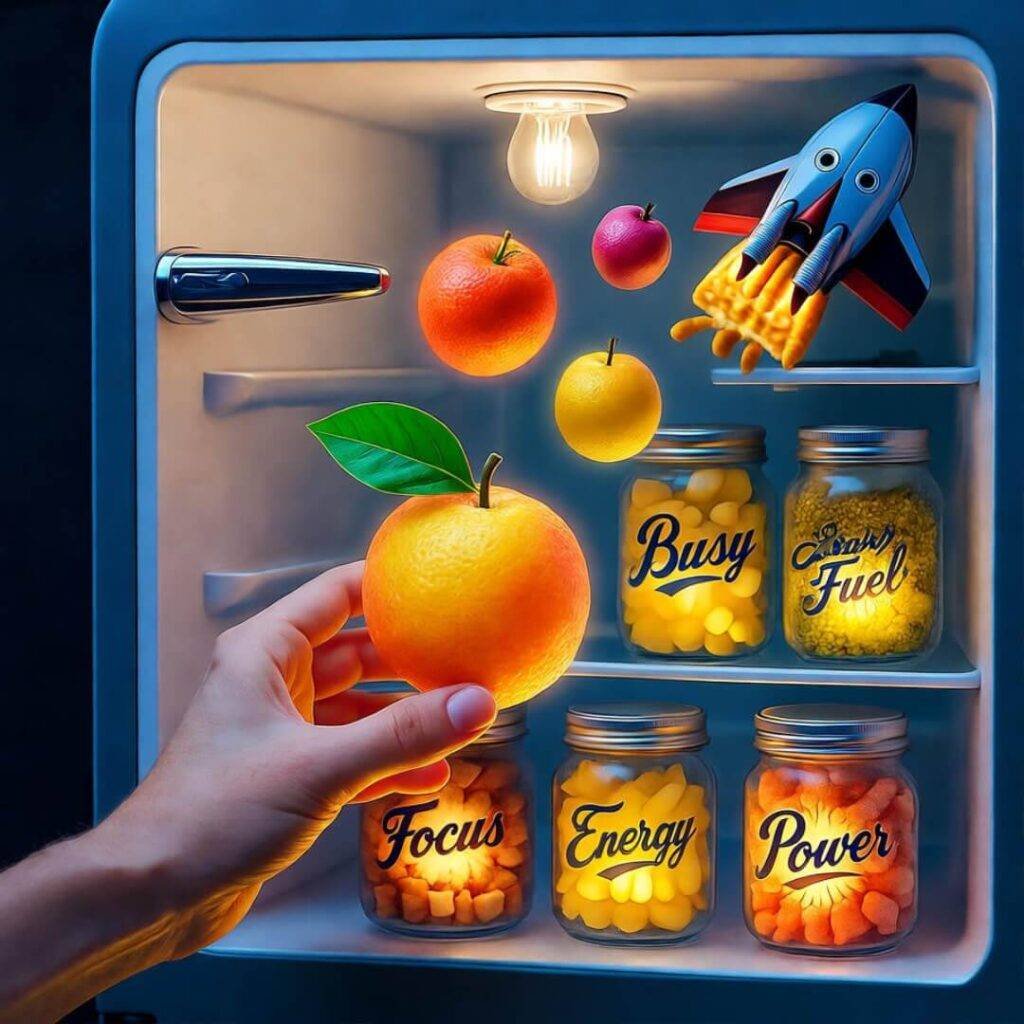 Hand grabs glowing fruit from fridge with quirky "Busy Fuel" jars and jet-packed snacks.