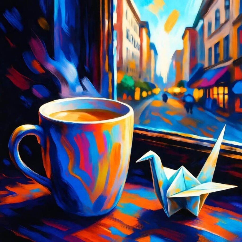 Half-empty mug and origami crane on windowsill, bustling city, indigo-orange tones.