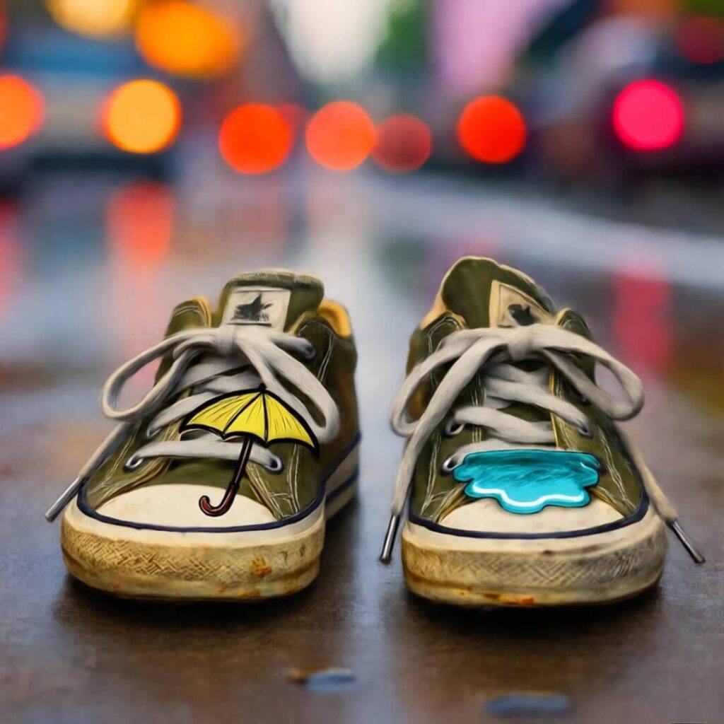 Beat-up sneakers on wet sidewalk, umbrella doodle on laces, orange and magenta tones, playful vibe.