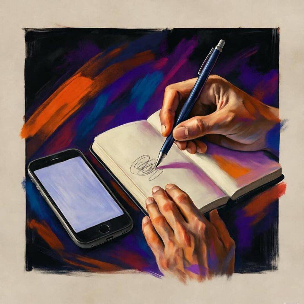 Hands scribbling notebook, buzzing phone, impressionistic tangerine and violet strokes, wryly funny.