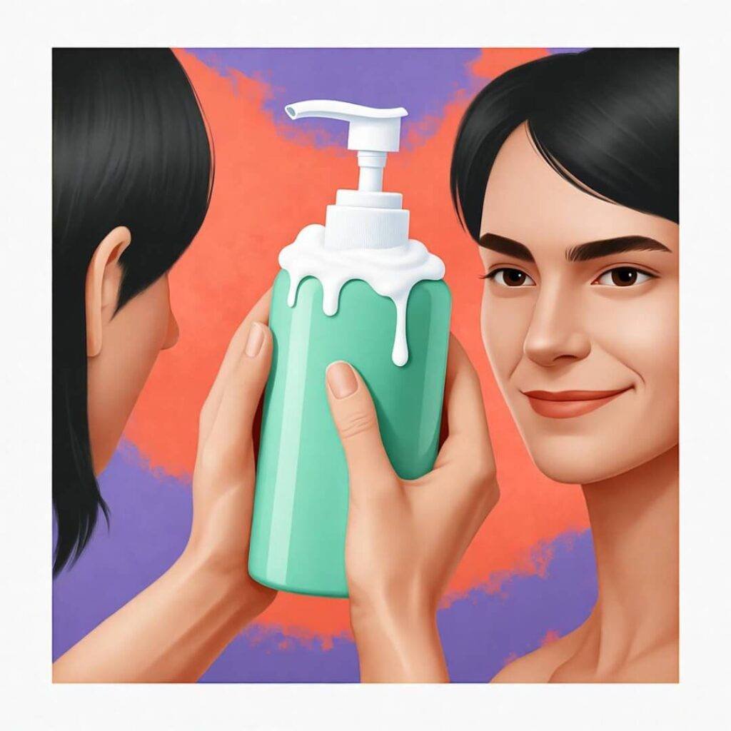 Shaky hands hold dripping mint-green cleanser, embarrassed smirk in mirror, vibrant colors.
