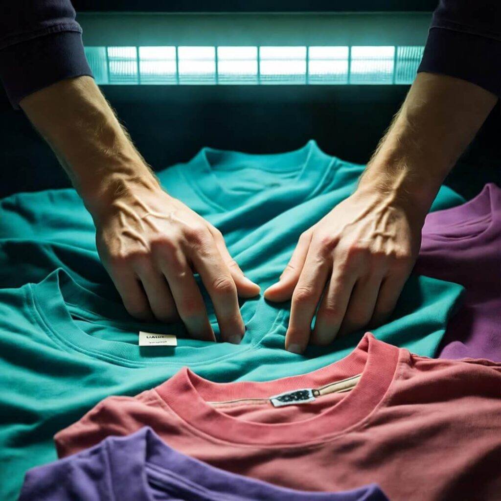 Shaky hands digging through retro tees under buzzing light, teal and pink pop.