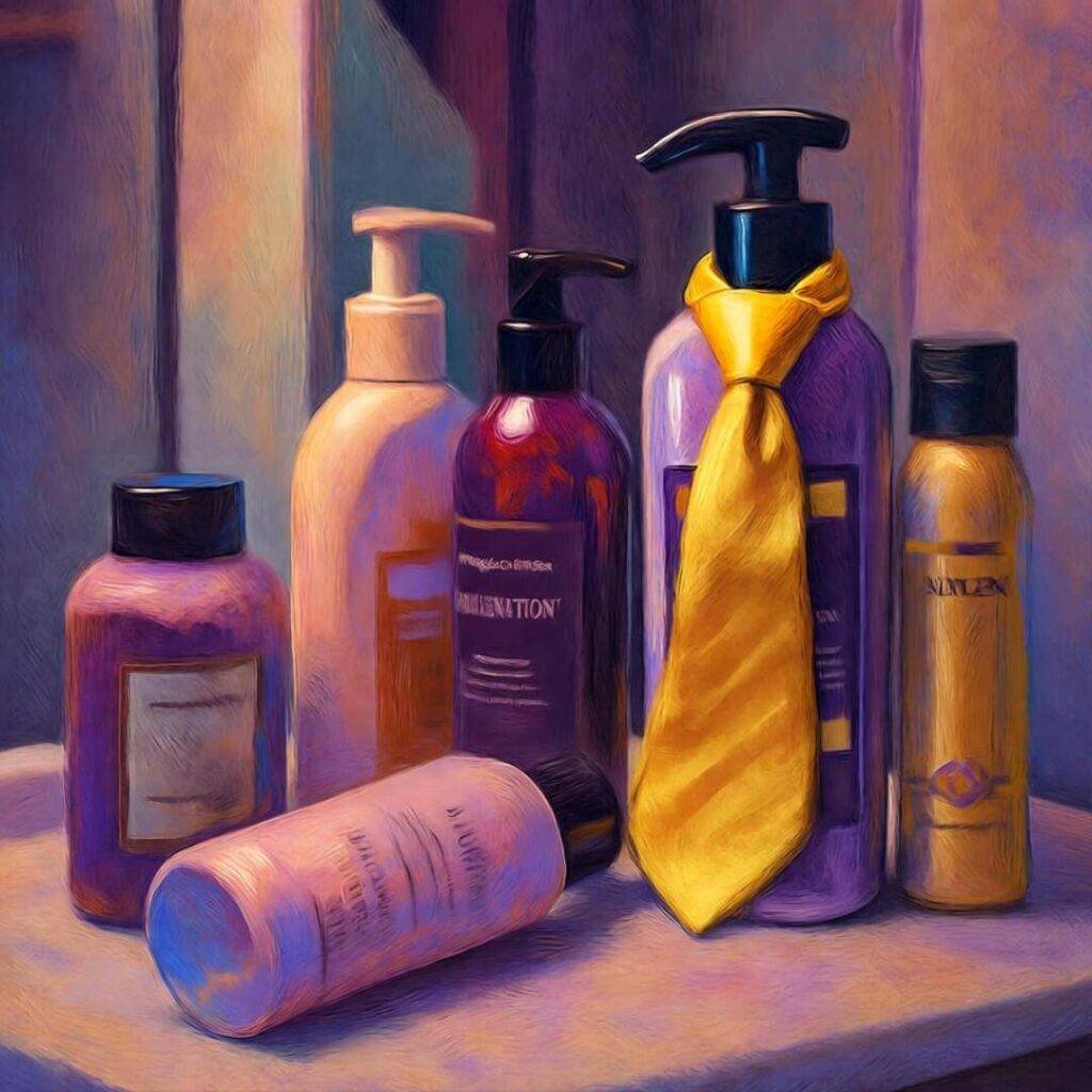 Messy bathroom counter with tipped shampoos, yellow tie in conditioner, chaotic purple-orange vibe.