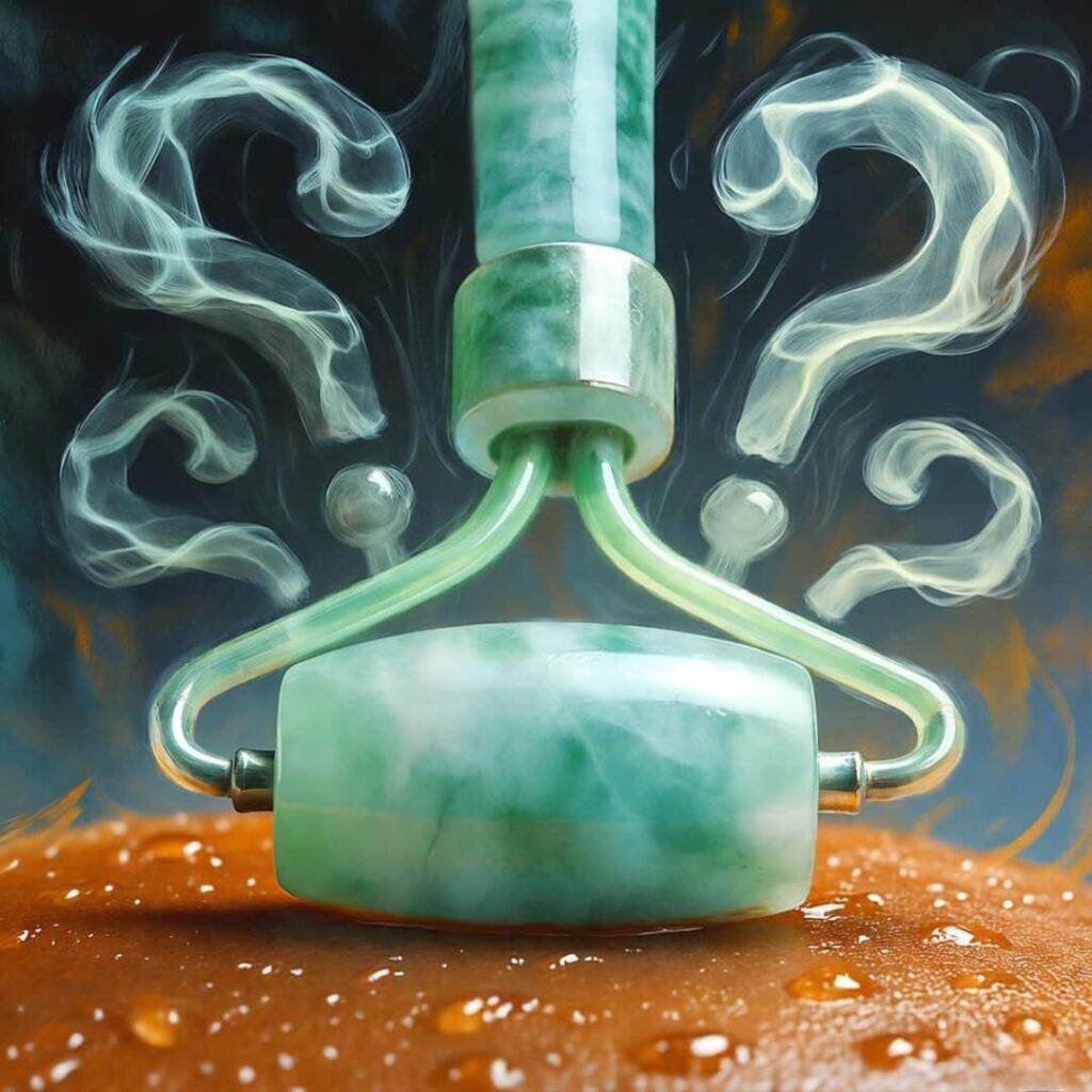 Jade roller on dewy skin, herbal steam swirls like question marks, mint-amber bursts.