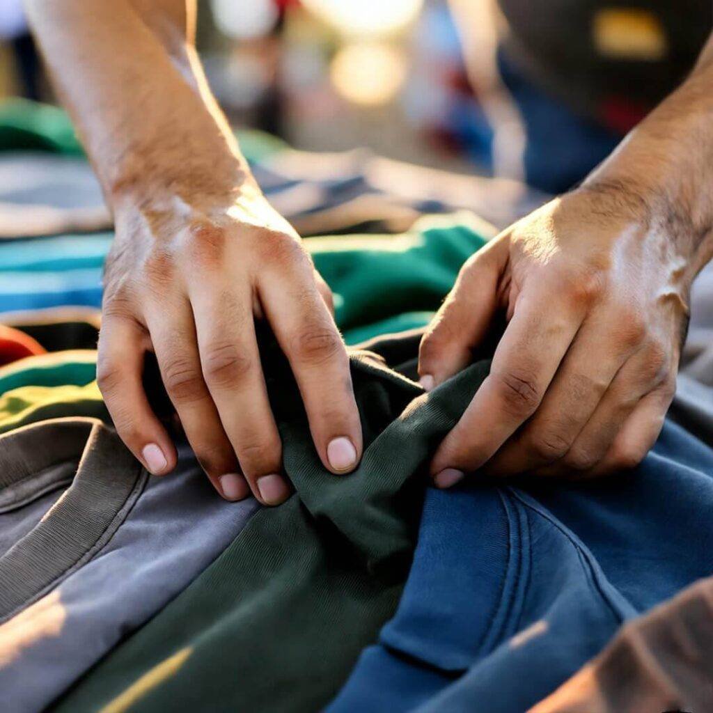 Stained hands sort vibrant vintage tees at sunny LA flea market, quirky view.