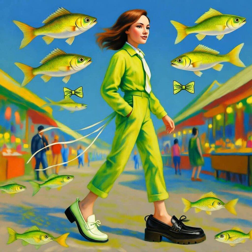Woman strides in mismatched loafers, laces trailing, fish with bowties float overhead.