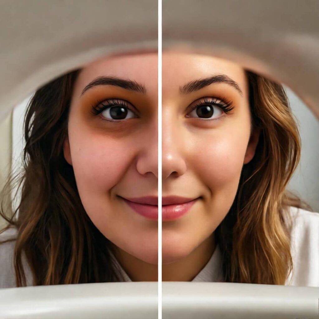 Shaky split-view of puffy pre-product face vs. glowing post-product, low-angle sink peek.