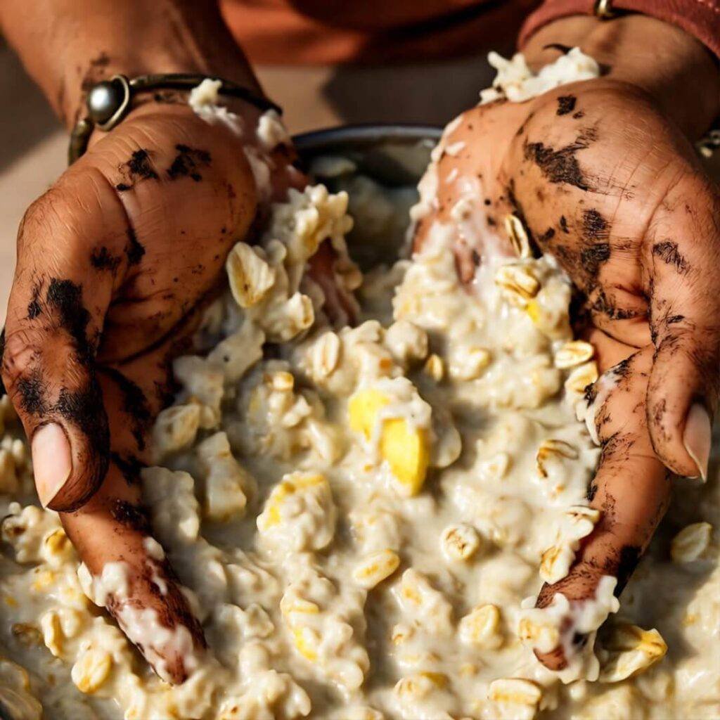 Grubby hands in oatmeal banana slop, bits on bracelet, warm rusty reds.