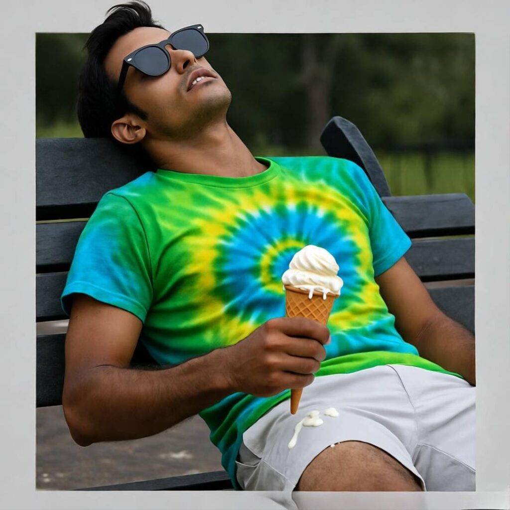Guy slouched on bench, tie-dye tee, crooked shades, ice cream dripping on shorts.