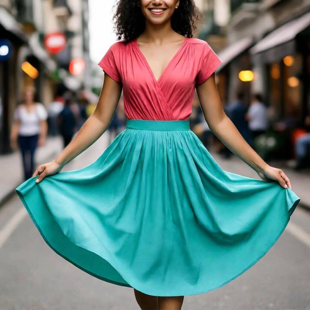 Woman twirling in coral and turquoise linen dress on busy street with heat haze.