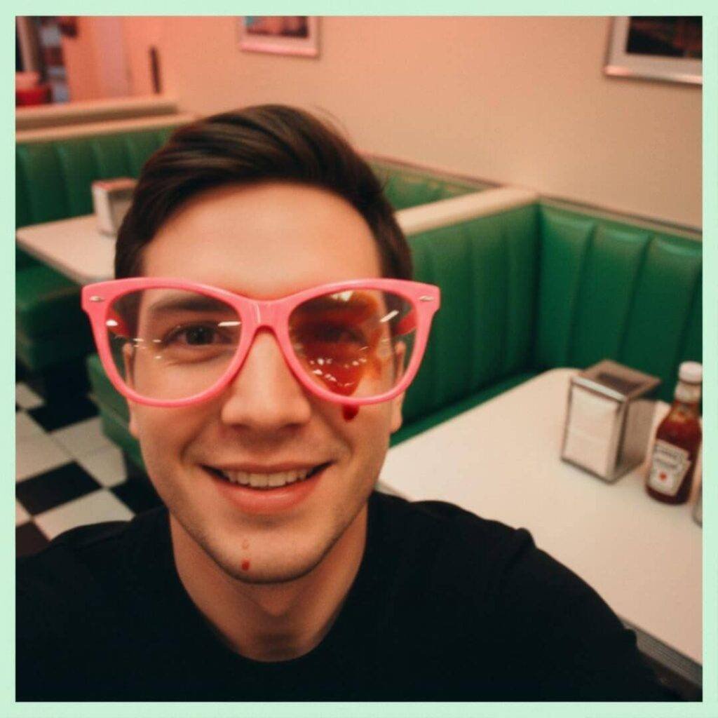 Messy selfie of retro men’s fashion glasses 2025, ketchup smear and pink-green pops in a Philly diner.