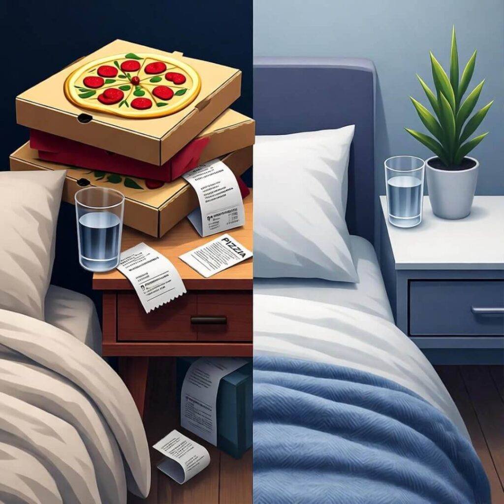 Chaos to calm in declutter life journey, popping lime and orange hues.