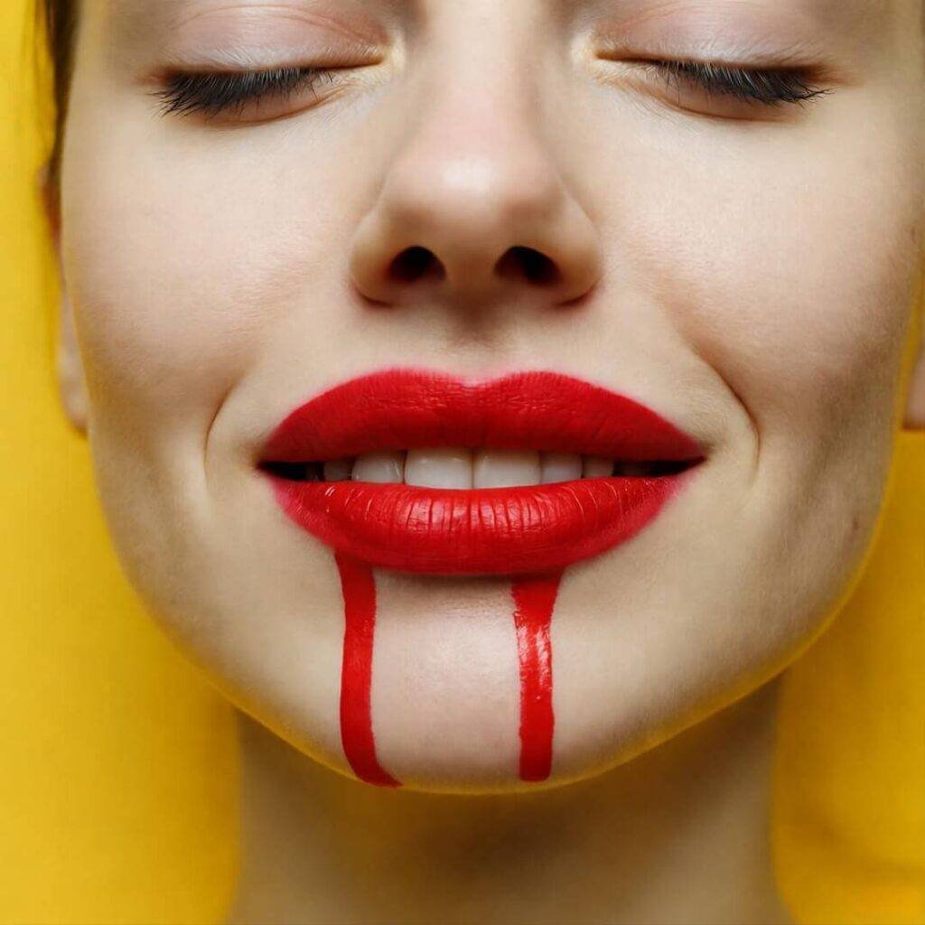 My epic fail at 2025's cherry cola lips trend, captured from above with messy joy in bold reds and yellows.