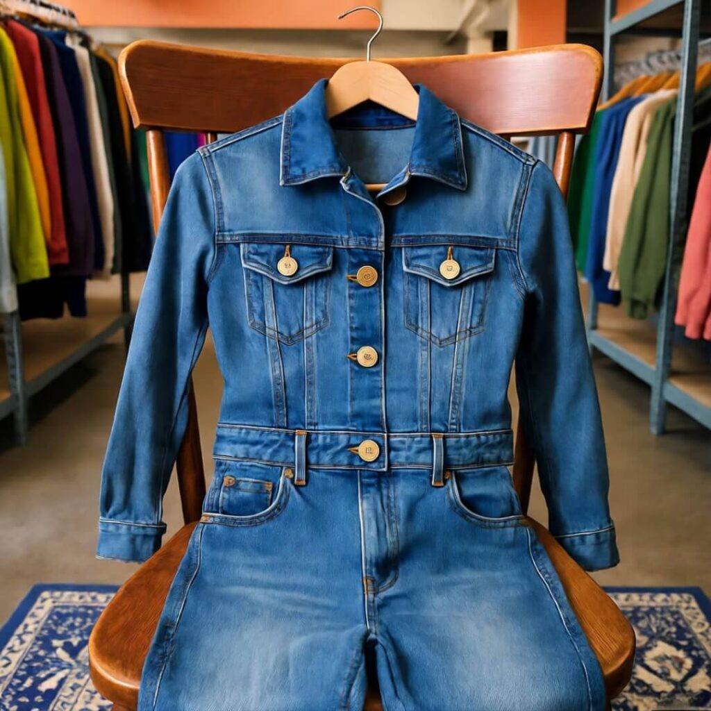 Denim jumpsuit with odd buttons on creaky chair in colorful Brooklyn shop.