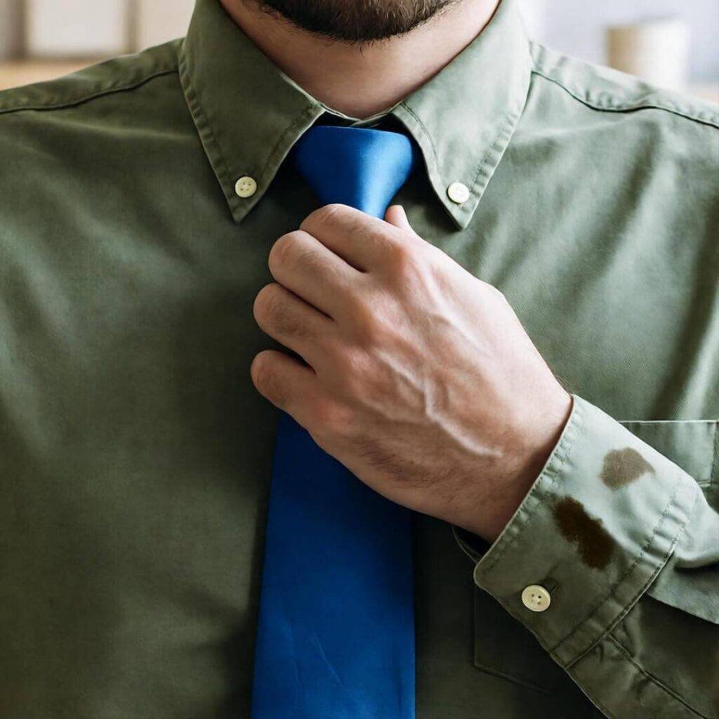 Hand adjusting crooked blue tie, coffee stain on olive green cuff.