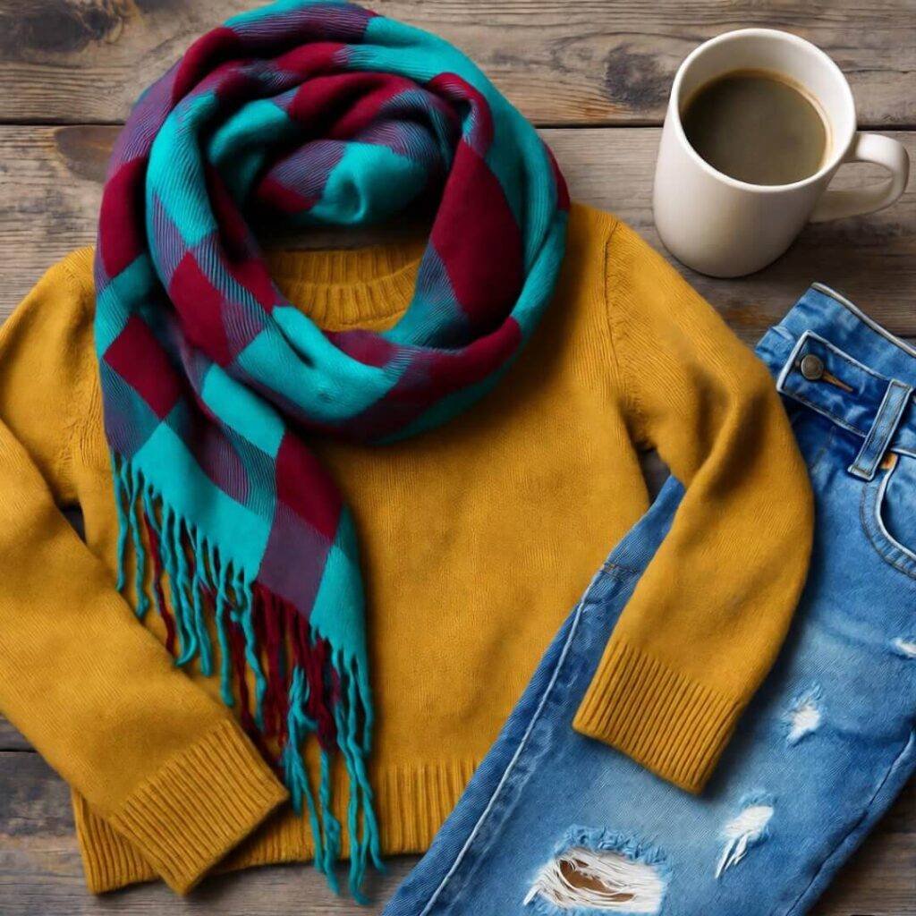Fall outfit—mustard sweater, plaid scarf, ripped jeans—on table, half-empty coffee mug.