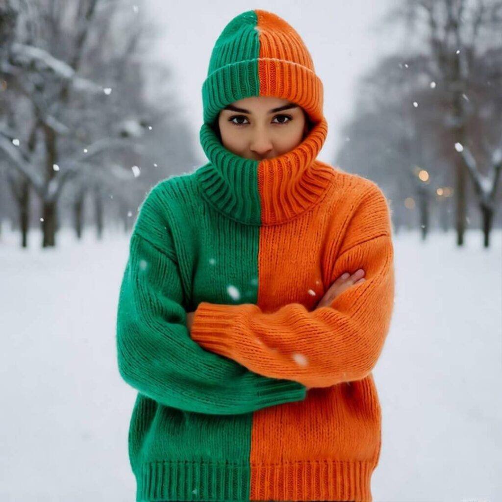 Person in huge sweater and off beanie, posing to slip, emerald and tangerine in snow.