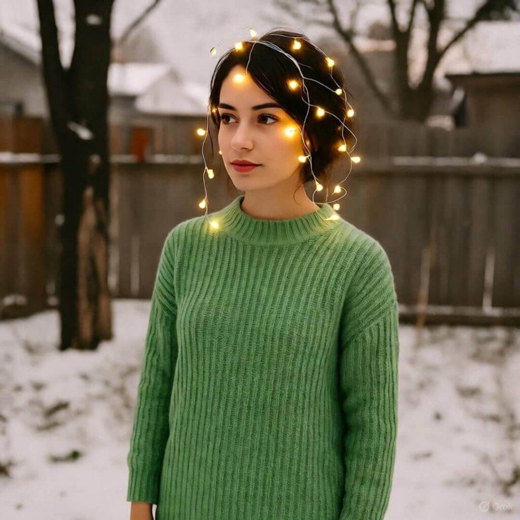 Person in green sweater dress with fairy lights in hair, snowy backyard, sepia tone.