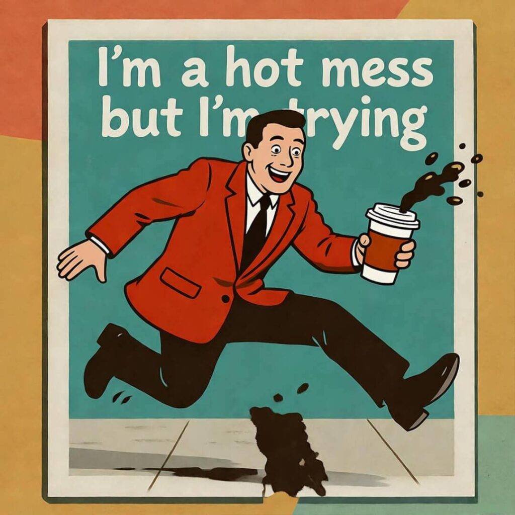 Person tripping over sidewalk, coffee flying, grinning in retro Polaroid pop-art style.