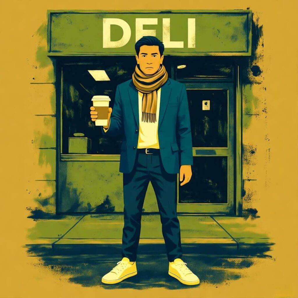 Man posing cool outside dingy deli, tangled scarf, leaking coffee, odd angle.