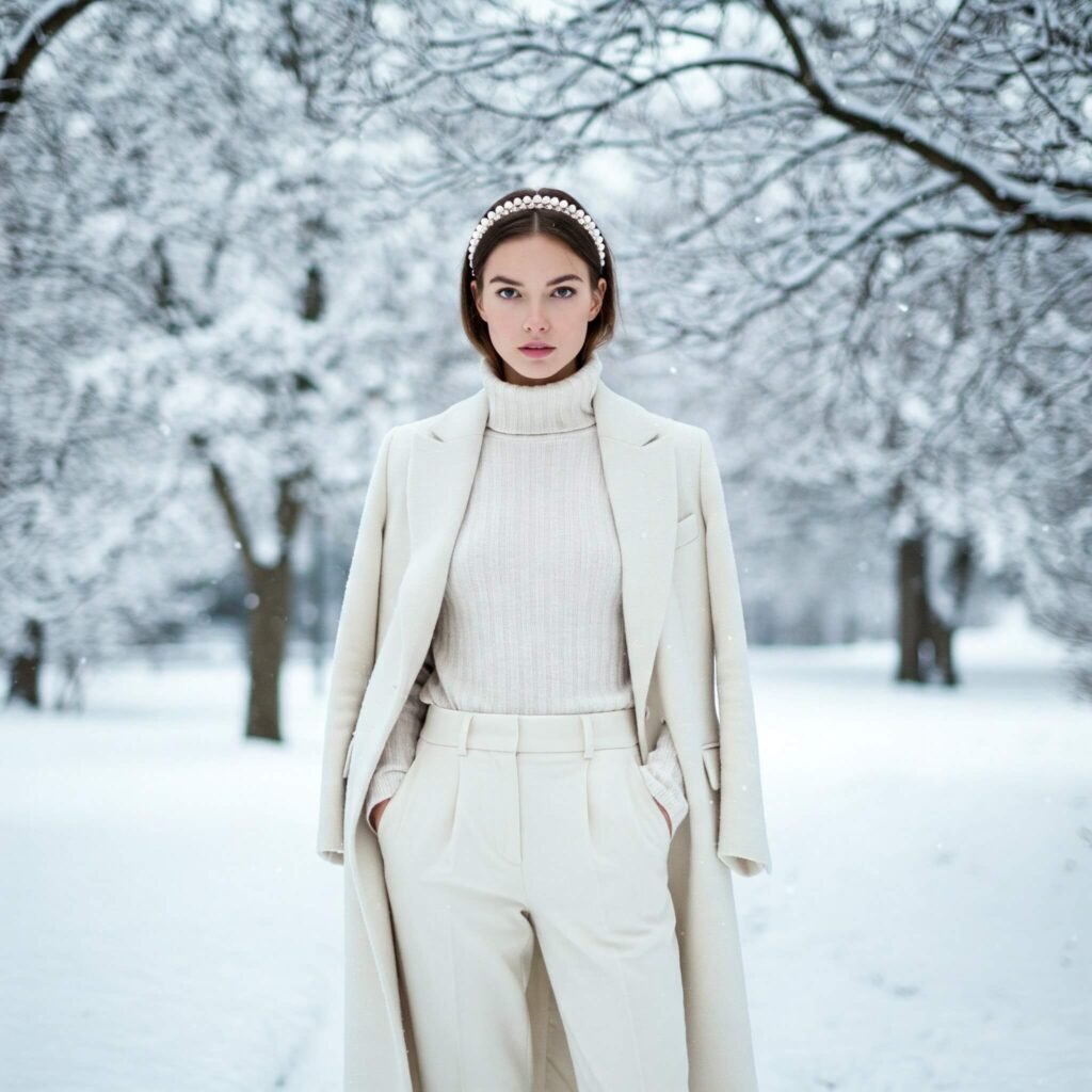 Winter white monochrome outfit in snow.