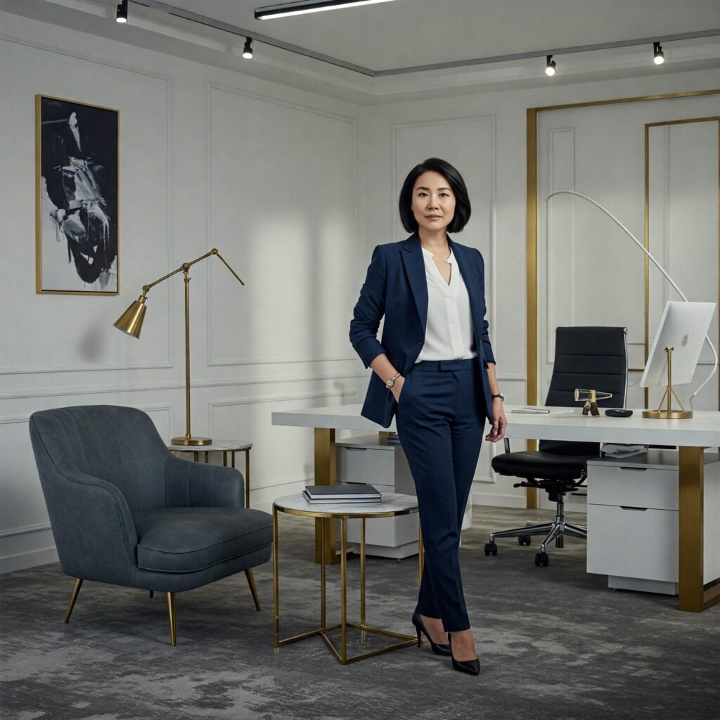 Woman in Navy Suit in Minimalist Office
