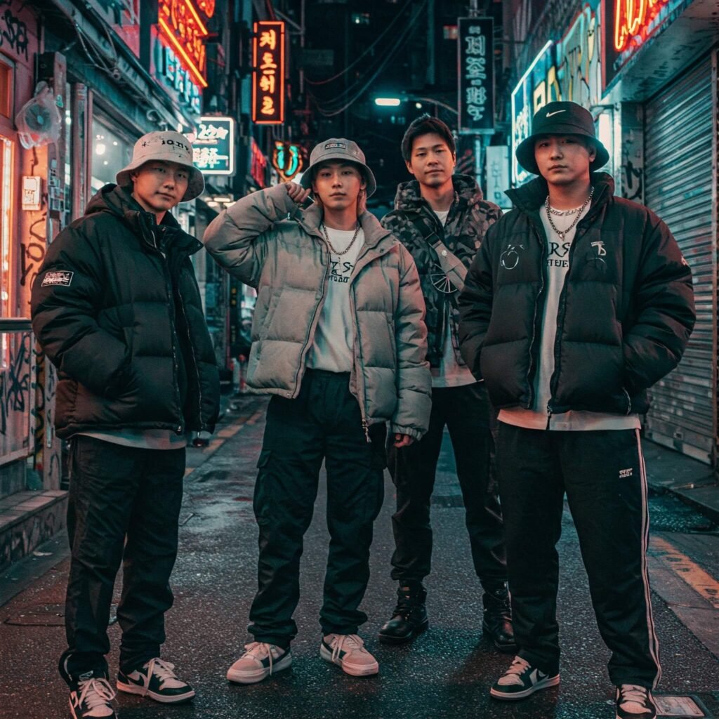 Korean street style: layered jackets, bucket hats, neon