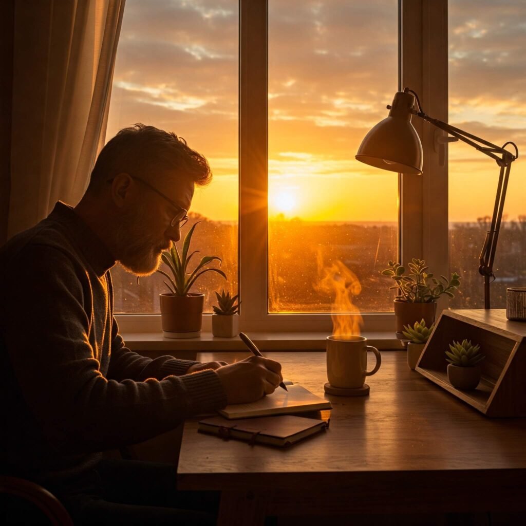 Sunrise journaling at cozy desk.