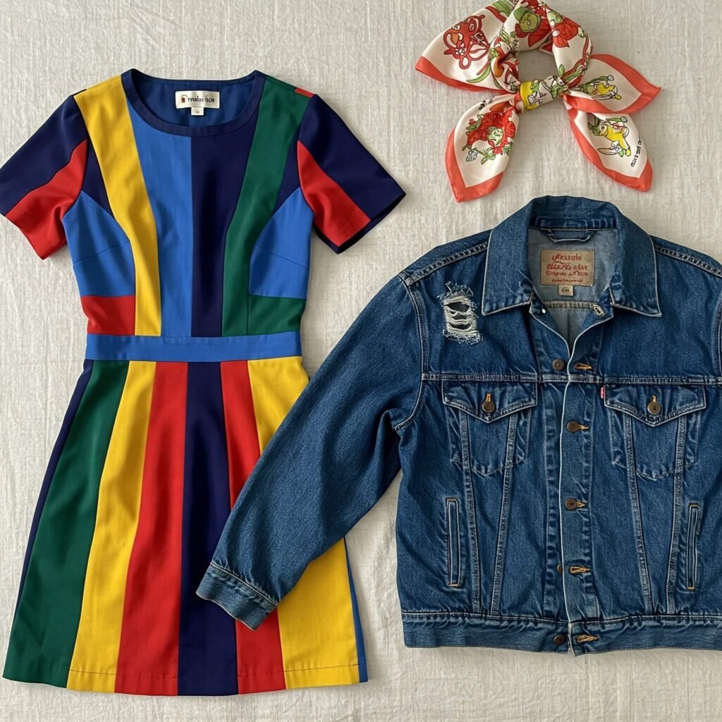 Vintage clothing haul flat lay.