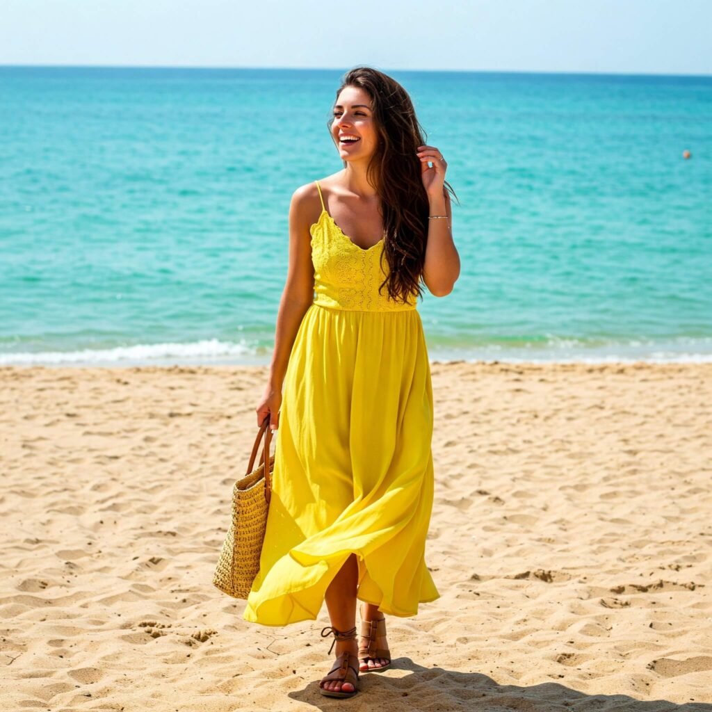 Woman in yellow dress on beach