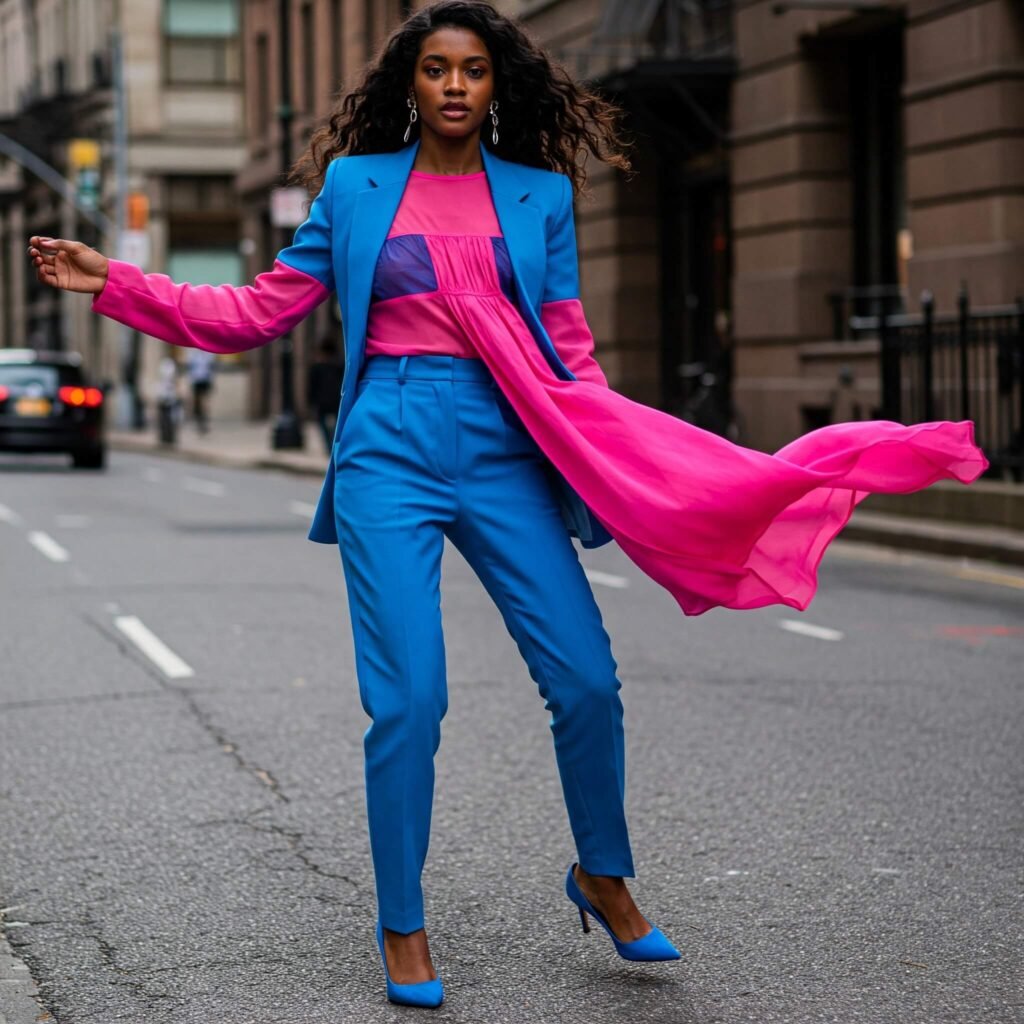 Bold model in blue and pink.