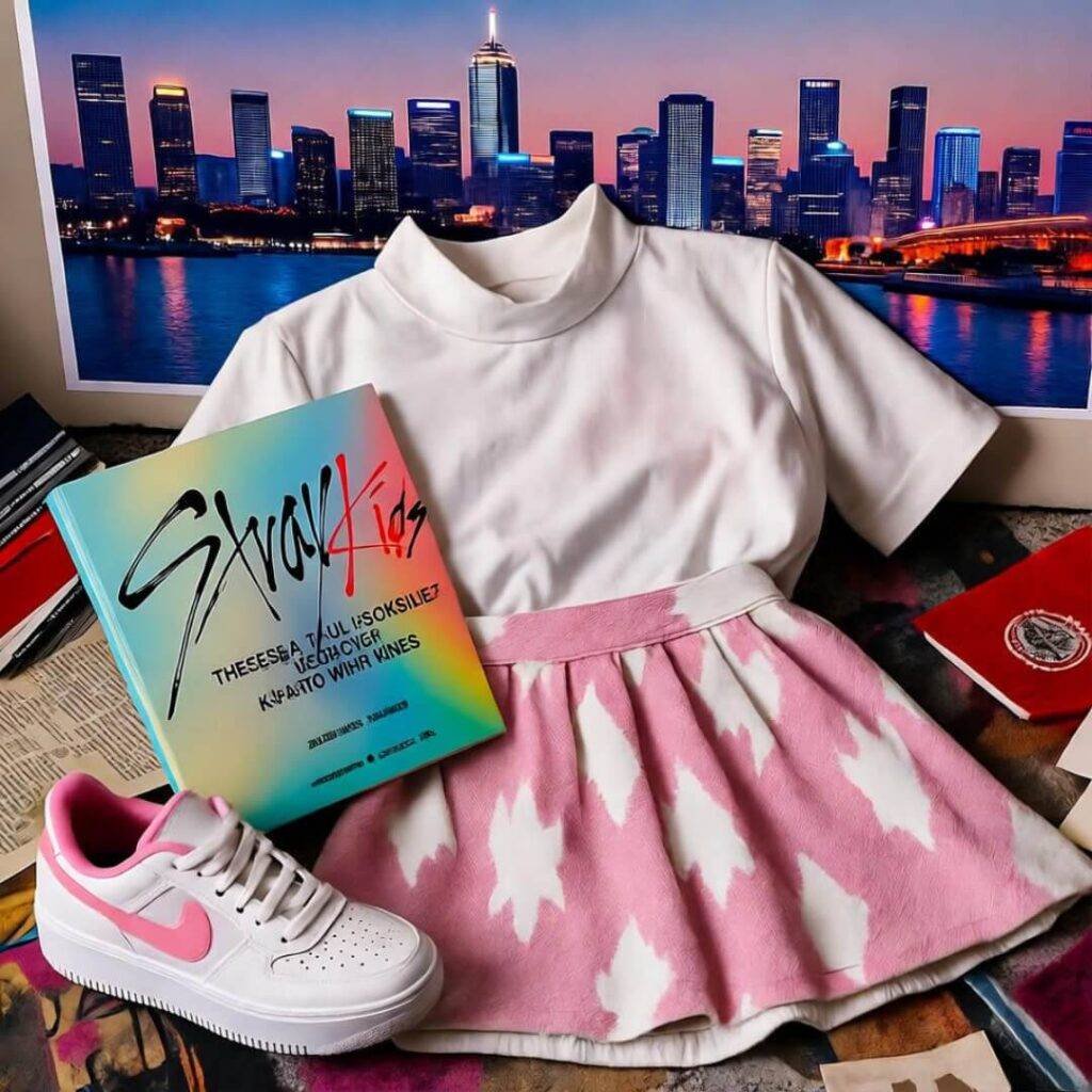 Messy apartment floor with K-fashion outfit, Stray Kids album, crooked Seoul poster.