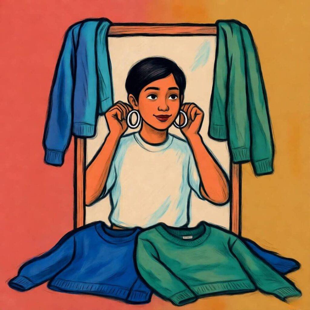 Goofy cartoon sketch: person with hoop earrings, sweaters scattered, bright morning vibe.