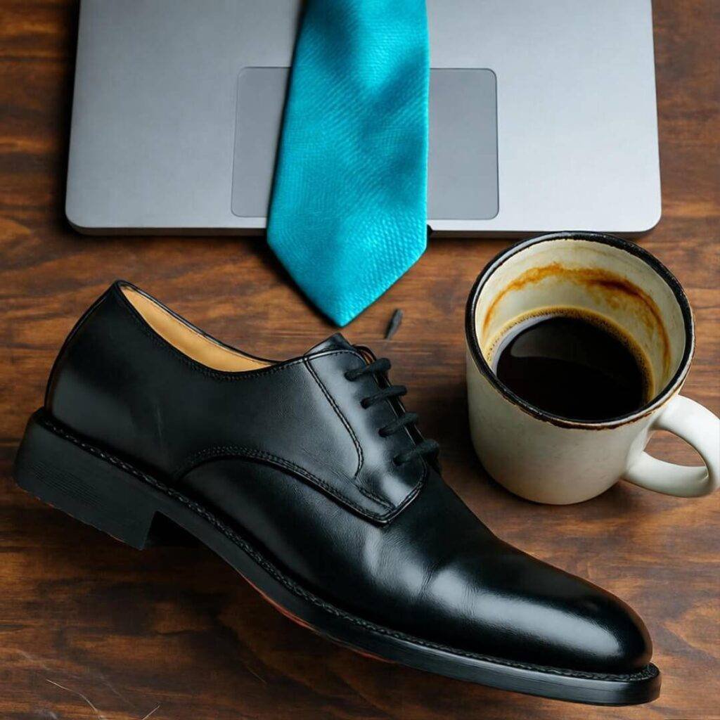 Messy desk with oxford shoe, chipped mug, teal tie on laptop, vintage vibe.