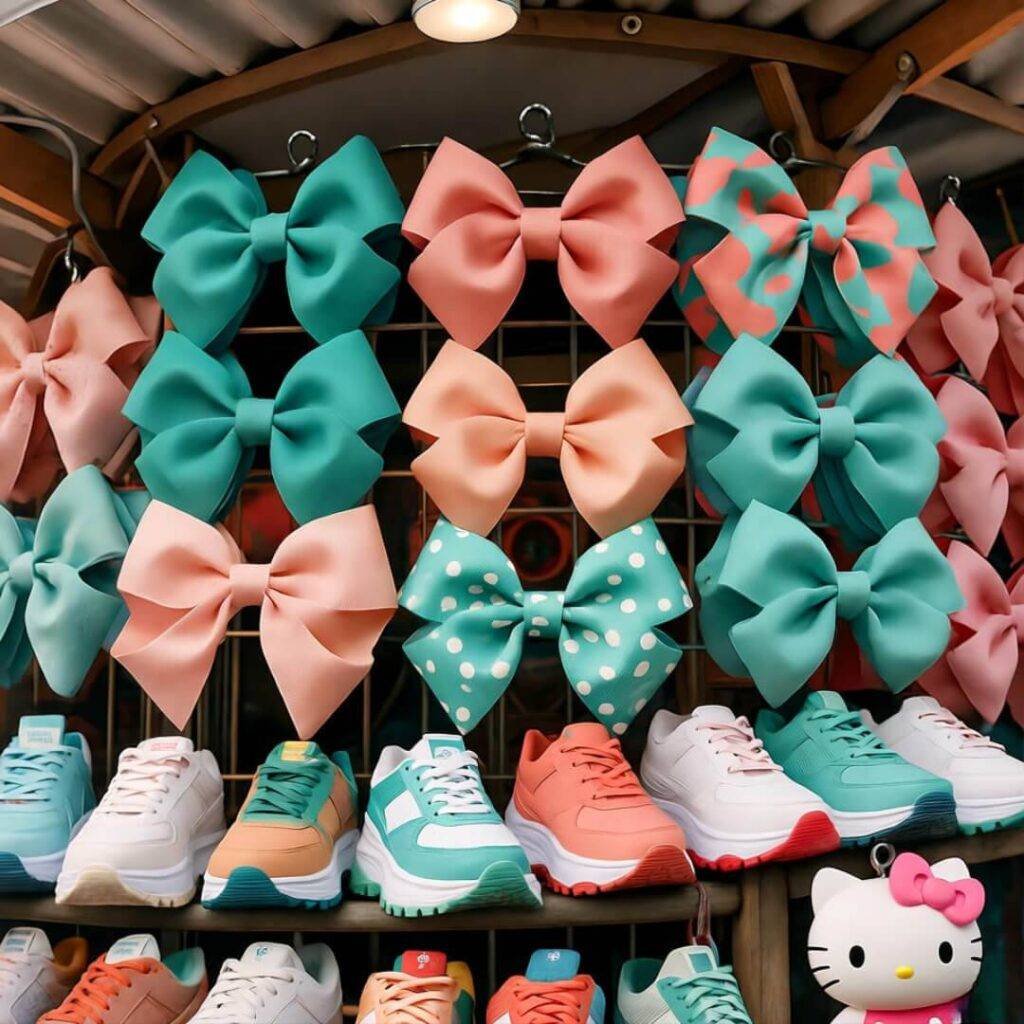 Tokyo stall with giant teal and coral bows, chunky sneakers, Hello Kitty keychain.