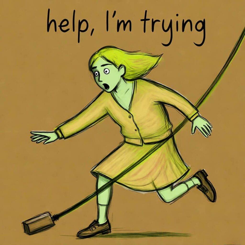 Person in mustard outfit trips over neon green cable, "help, I'm trying" text.