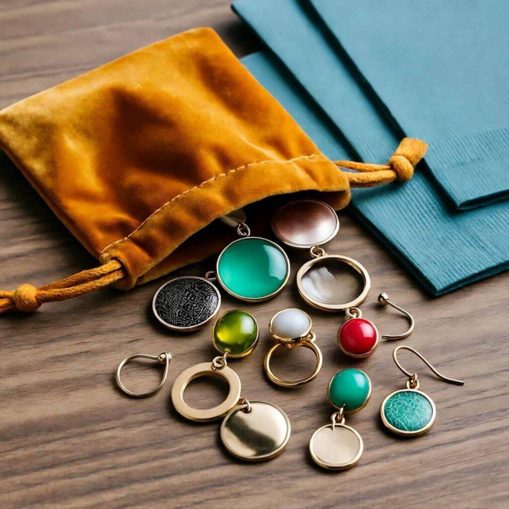 Messy earrings spill from mustard velvet pouch, teal napkins, chaotic cute vibe.