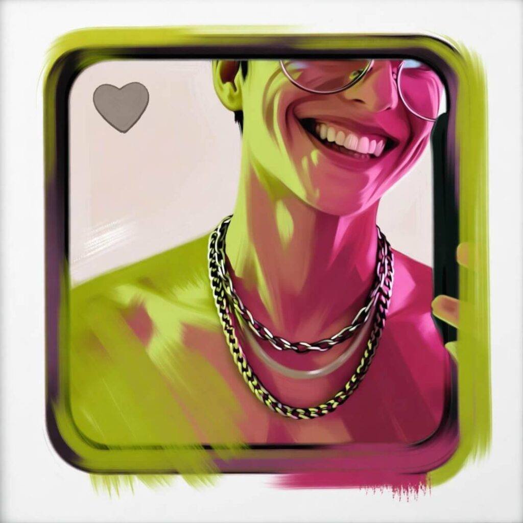 Wobbly mirror selfie, too many necklaces, goofy grin, lime green, fuchsia, heart sticker.
