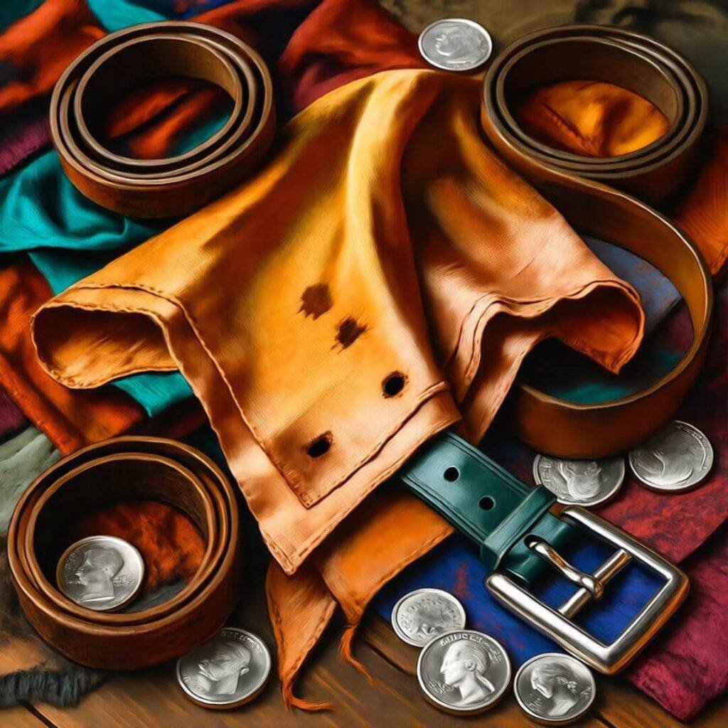 Tangled belts and stained pocket squares with quarters, subway token, rusty-teal tones.