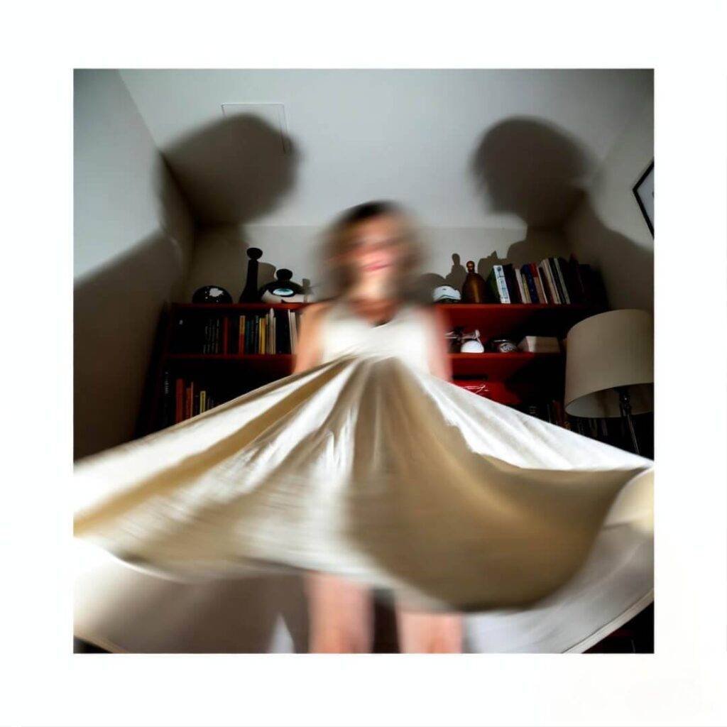 Blurry figure twirls in organic cotton dress, shadows loom in tiny room chaos.